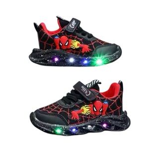 Boys Spiderman Mesh LED Light Up, Breathable Sport Shoes, Disney. BLACK